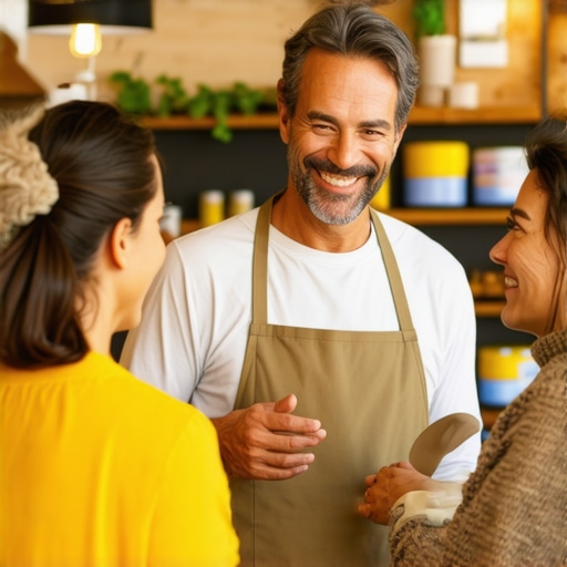 Business owner interacting with customers in a local store, emphasizing community trust