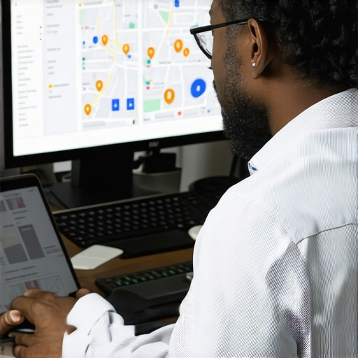 SEO consultant reviewing local search analytics and maps.
