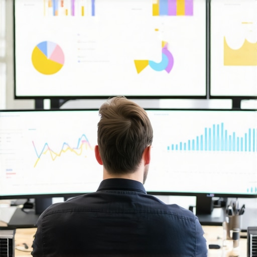 Digital marketer reviewing SEO analytics on multiple screens to maintain local rankings