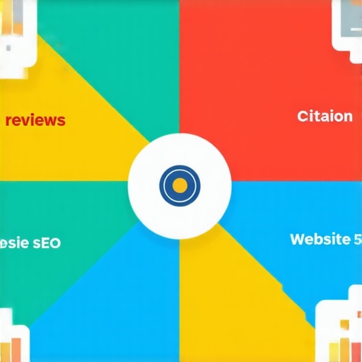 Infographic illustrating essential steps to improve local SEO rankings including profile optimization, citations, reviews, website SEO, and analytics.