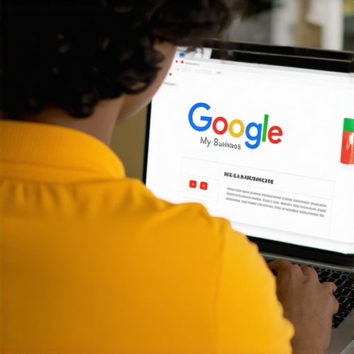 Person updating Google My Business profile on a laptop with local business branding