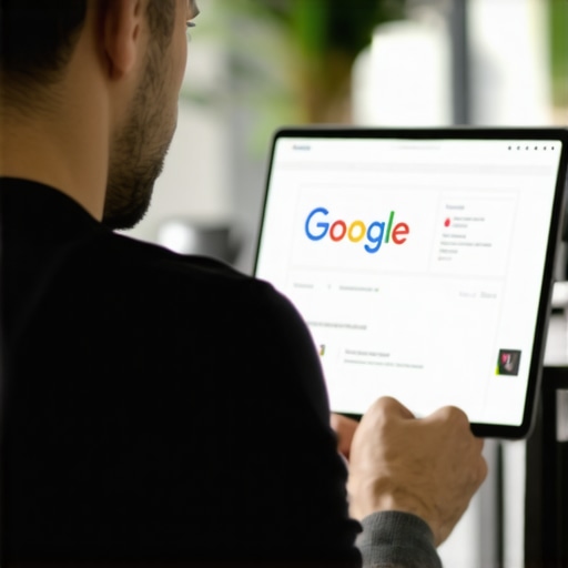 Optimizing Google My Business Business owner optimizing their Google My Business profile with photos and details.