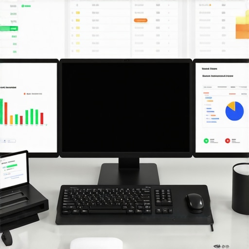 A photo of a workspace with multiple screens displaying local SEO analytics dashboards, citation, and review management tools.