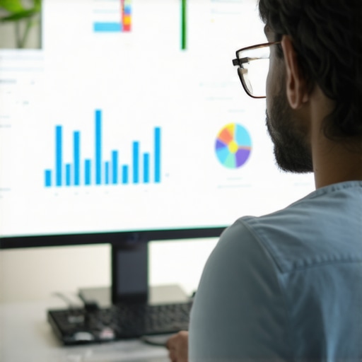 Digital marketer reviewing local SEO performance metrics and charts on a computer