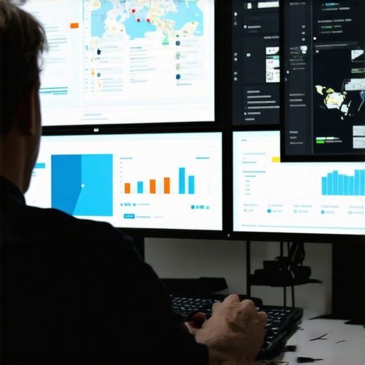 Analyzing Local SEO Data Person reviewing local SEO performance metrics and maps on computer screens.