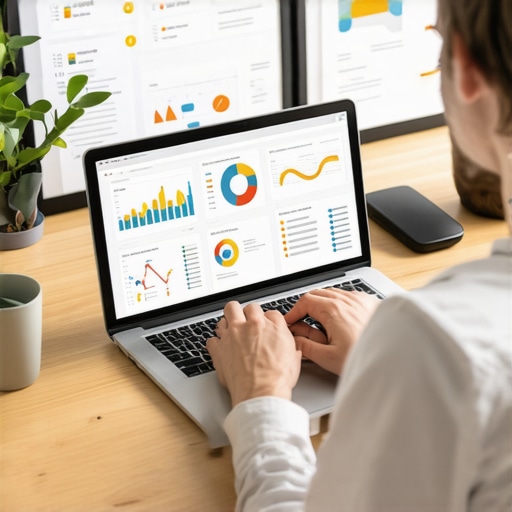 Local SEO Audit in Progress Person analyzing local SEO signals on a laptop with charts and checklists.