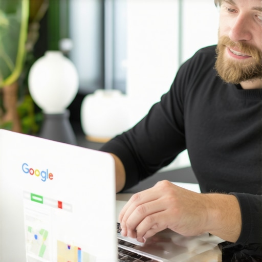 Business owner editing Google My Business profile on laptop with local maps and analytics