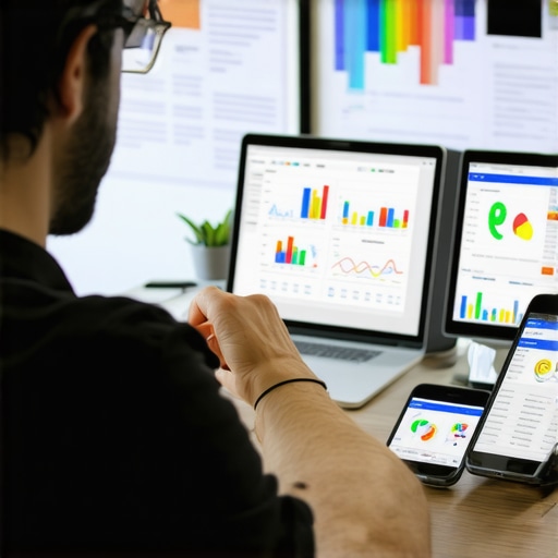 Business owner reviewing local SEO analytics charts on a digital dashboard with devices nearby.