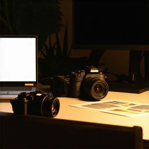 Workspace with camera gear and SEO materials for local marketing