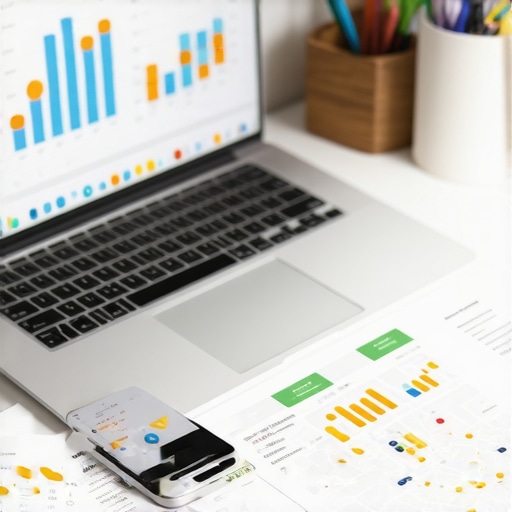 A workspace with SEO analytics tools and local marketing materials on a desk.