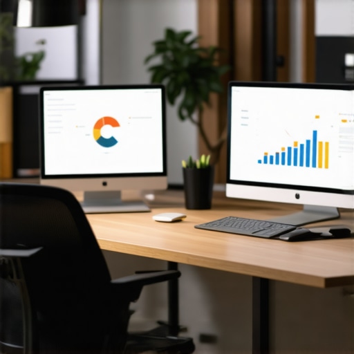 Multiple screens displaying SEO dashboards and citation tracking tools on a clean modern desk.