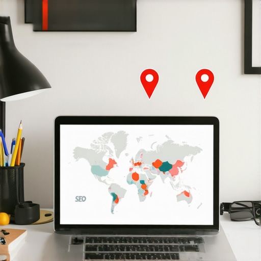 Laptop showing SEO analytics and local map with pins for local SEO management.