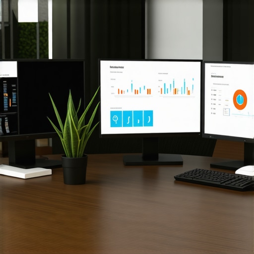 Screens showing SEO tools and analytics in a modern office