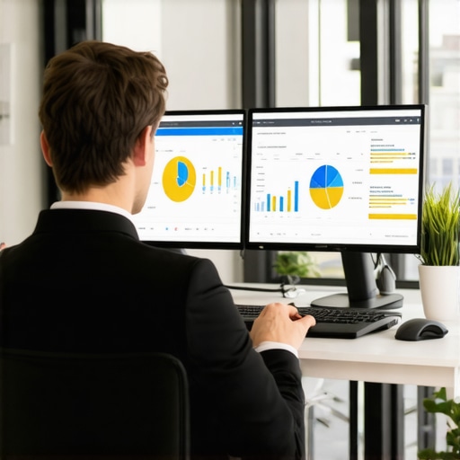 A professional analyzing SEO metrics and citation audits on dual monitors in a modern office