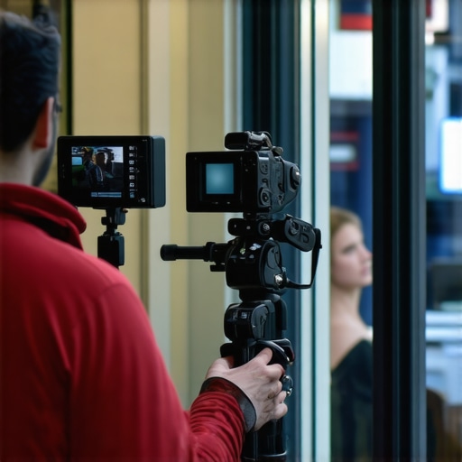 Business owner filming customer reviews outside shop at dusk