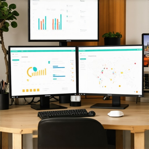 Multi-Tool Workspace for Local SEO Maintenance A workspace with monitors showing analytics, maps, and reputation management dashboards for local SEO.