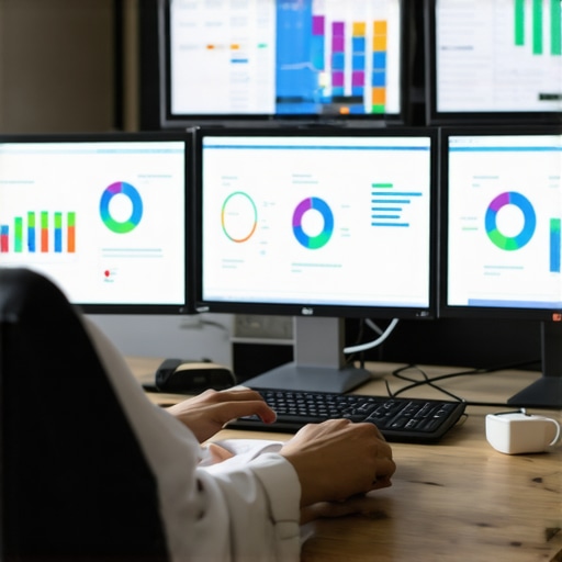 SEO expert analyzing local rankings with tools Analyst monitoring local SEO metrics on dual monitors
